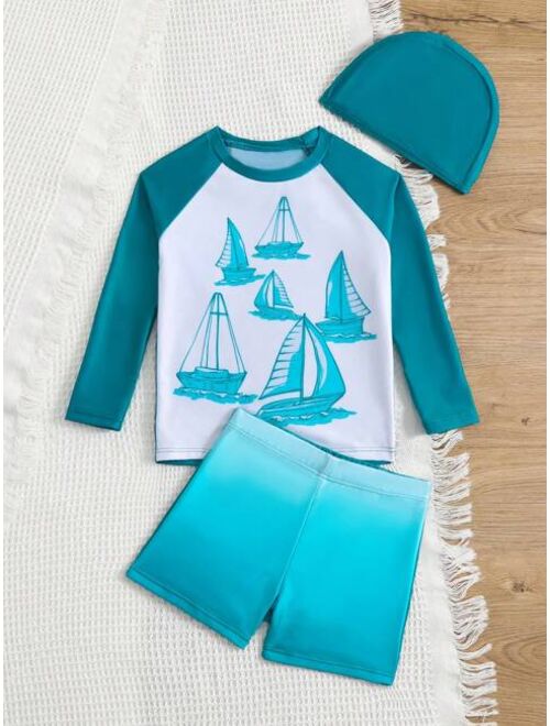 Toddler Boys Sailboat Print Beach Swimsuit With Swim Cap