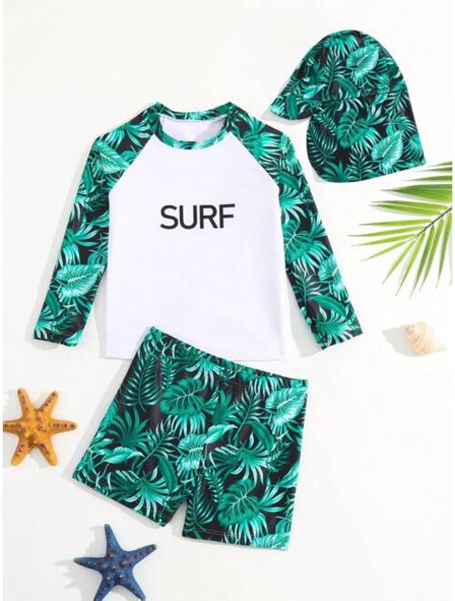 Toddler Boys Tropical Print Beach Swimsuit With Swim Cap