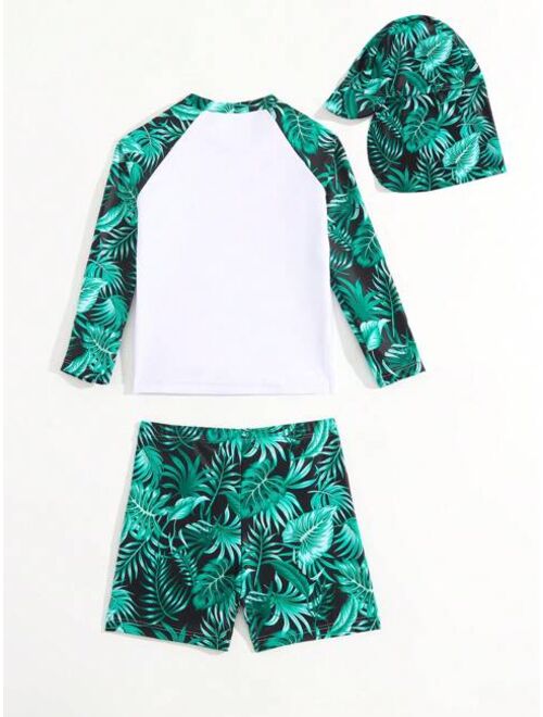 Toddler Boys Tropical Print Beach Swimsuit With Swim Cap