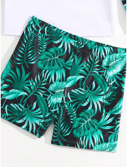 Toddler Boys Tropical Print Beach Swimsuit With Swim Cap