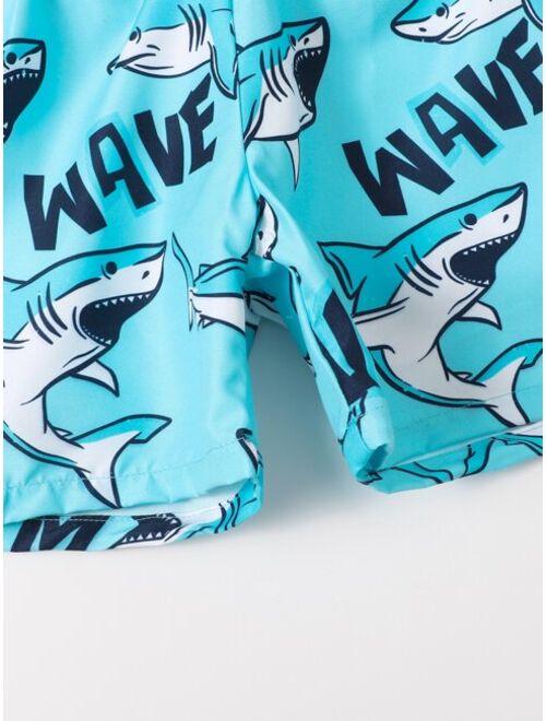 Toddler Boys Shark Print Swim Shorts With Swim Cap