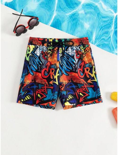 Toddler Boys 1pc Letter Graphic Drawstring Waist Swim Shorts