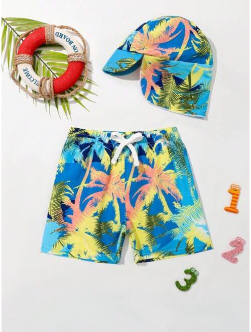 Toddler Boys Tropical Print Swim Shorts With Cap