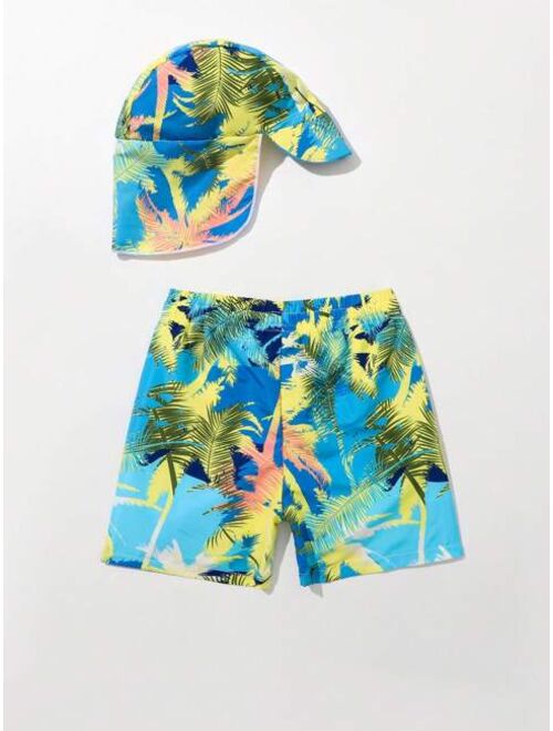 Toddler Boys Tropical Print Swim Shorts With Cap