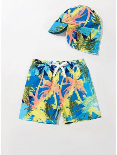 Toddler Boys Tropical Print Swim Shorts With Cap