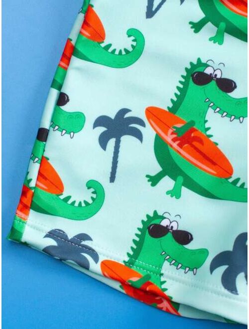 Toddler Boys Striped Dinosaur Print Beach Swimsuit