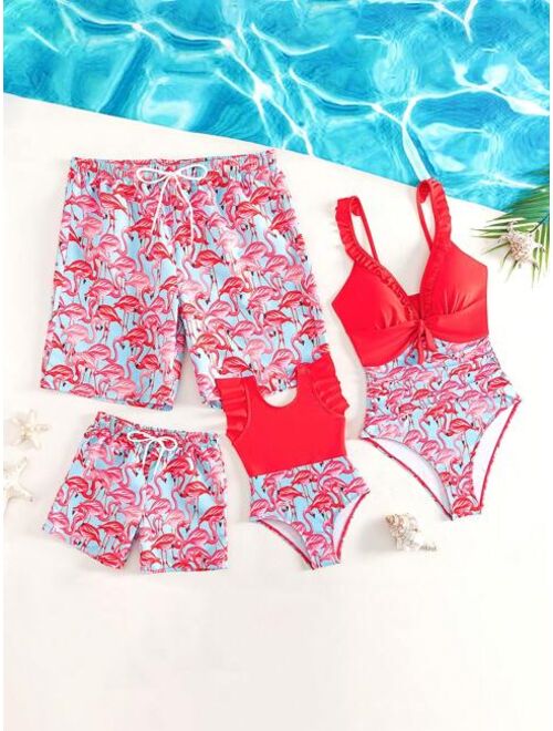 Toddler Boys Flamingo Print Drawstring Waist Swim Shorts