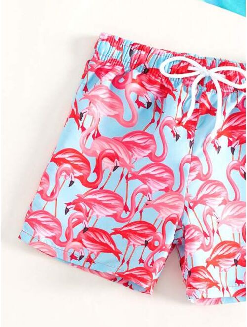 Toddler Boys Flamingo Print Drawstring Waist Swim Shorts