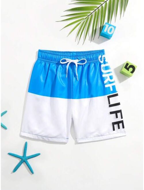 Toddler Boys Letter Graphic Two Tone Drawstring Waist Swim Shorts