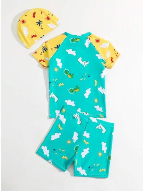 Toddler Boys Cartoon Dinosaur Swimsuit With Swim Cap