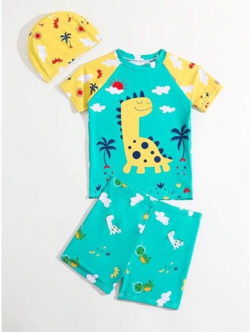 Toddler Boys Cartoon Dinosaur Swimsuit With Swim Cap