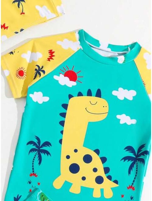 Toddler Boys Cartoon Dinosaur Swimsuit With Swim Cap