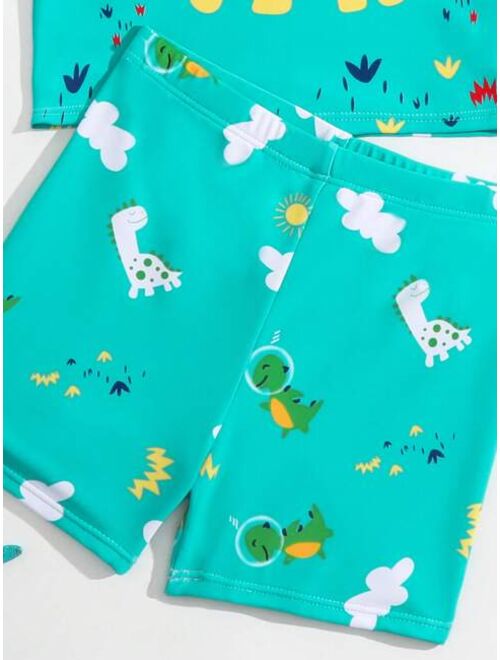 Toddler Boys Cartoon Dinosaur Swimsuit With Swim Cap