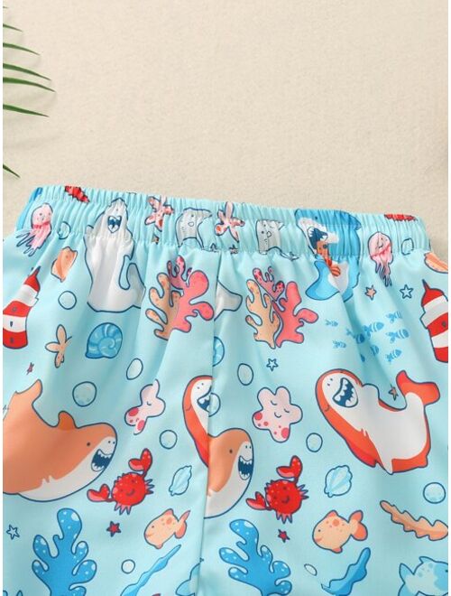 Toddler Boys Cartoon Graphic Drawstring Waist Swim Shorts