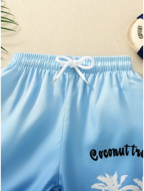 Toddler Boys Coconut Tree Letter Graphic Drawstring Waist Swim Shorts