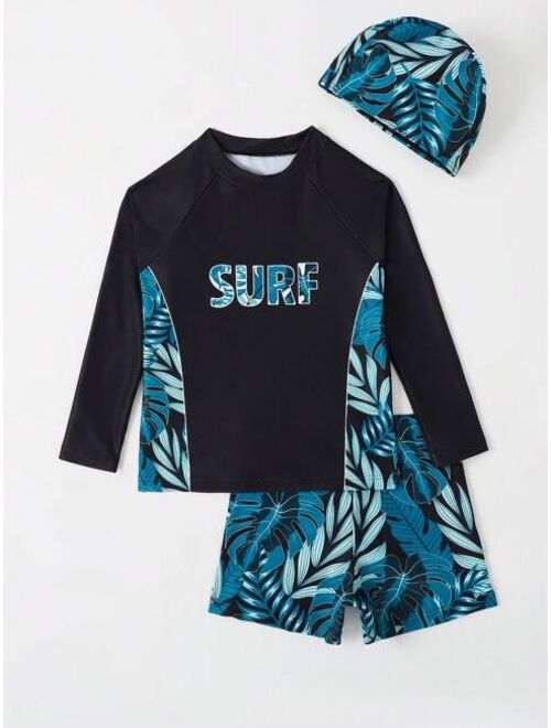 Toddler Boys Tropical Print Beach Swimsuit With Swim Cap