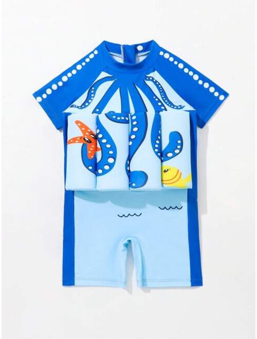 Toddler Boys Cartoon Graphic Raglan Sleeve Float One Piece Swimsuit