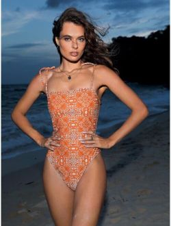 All Over Print Tie Shoulder One Piece Swimsuit