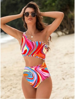 Allover Print Cut Out One Shoulder One Piece Swimsuit