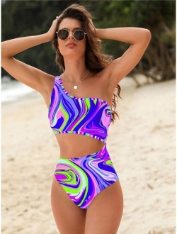 Allover Print Cut Out One Shoulder One Piece Swimsuit