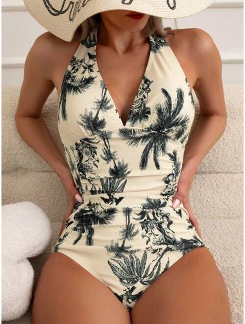 Shein Tropical Print Backless Halter One Piece Swimsuit