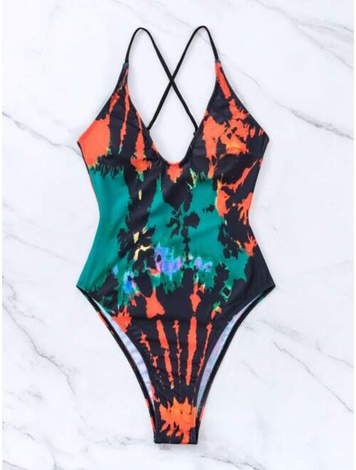 Shein Tie Dye Criss Cross Backless One Piece Swimsuit