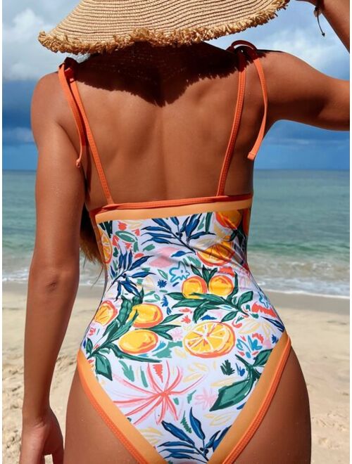 Shein Fruit Print Tie Shoulder One Piece Swimsuit