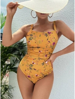 Floral Print Ruched One Piece Swimsuit