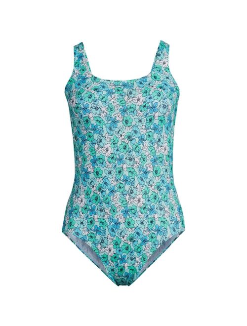 Lands' End Women's Chlorine Resistant Scoop Neck High Leg Soft Cup Tugless Sporty One Piece Swimsuit - 6 - Electric Blue Multi/Swirl