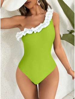 Ruffle Trim One Shoulder One Piece Swimsuit