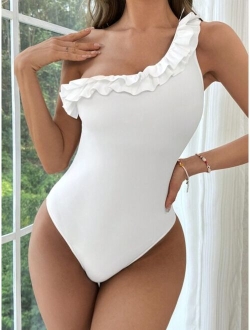 Ruffle Trim One Shoulder One Piece Swimsuit