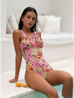 Floral Print Ruched Bust One Piece Swimsuit