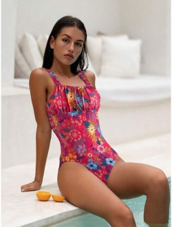 Floral Print Ruched Bust One Piece Swimsuit