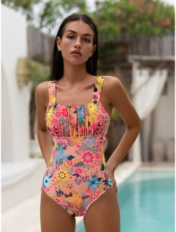 Floral Print Ruched Bust One Piece Swimsuit