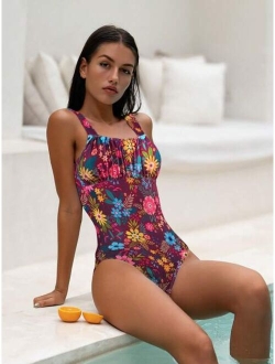 Floral Print Ruched Bust One Piece Swimsuit