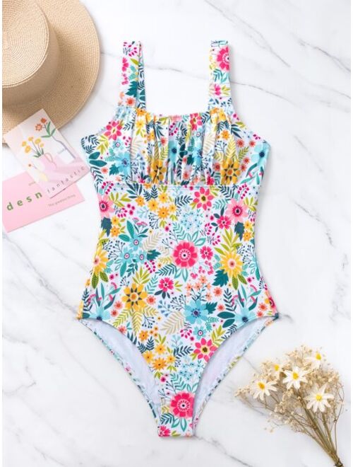 Shein Floral Print Ruched Bust One Piece Swimsuit