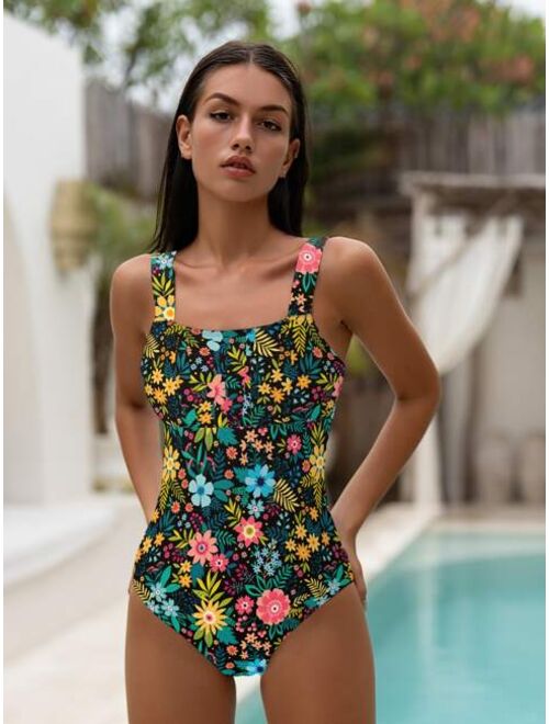 Shein Floral Print Ruched Bust One Piece Swimsuit