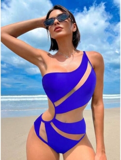 Bikinx Contrast Mesh One Shoulder One Piece Swimsuit