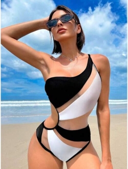 Bikinx Contrast Mesh One Shoulder One Piece Swimsuit