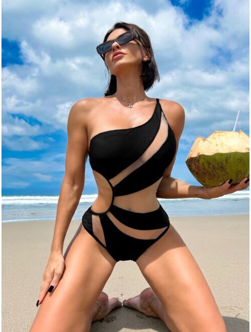 Shein Bikinx Contrast Mesh One Shoulder One Piece Swimsuit