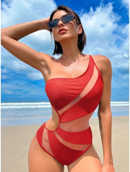 Shein Bikinx Contrast Mesh One Shoulder One Piece Swimsuit