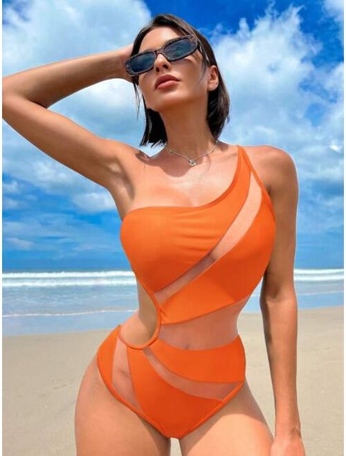 Shein Bikinx Contrast Mesh One Shoulder One Piece Swimsuit