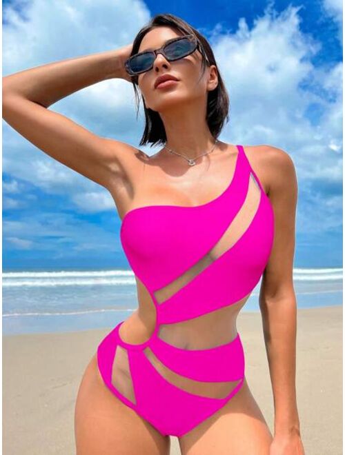 Shein Bikinx Contrast Mesh One Shoulder One Piece Swimsuit