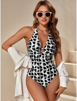 Geo Print Ring Linked Halter One Piece Swimsuit