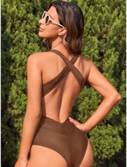 Solid Criss Cross Backless One Piece Swimsuit