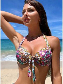 Allover Print Knot Front Halter Push Up Bikini Top