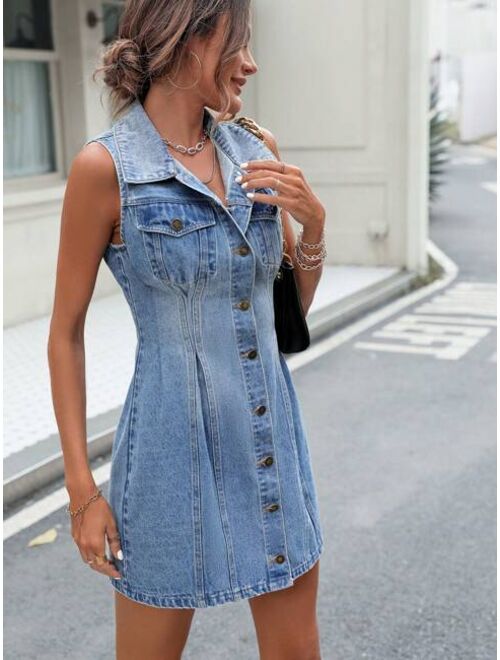 Shein Flap Pocket Button Front Denim Dress