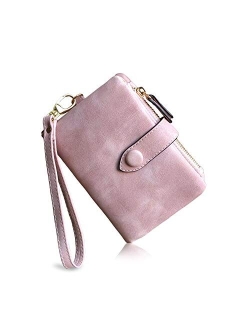 PofeeXIO Womens Small Bifold Leather Wallets Rfid Ladies Wristlet with Card slots id window Zipper Coin Purse