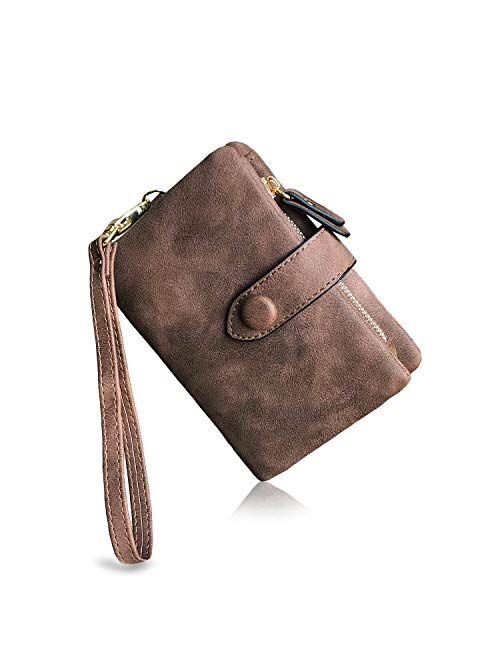 PofeeXIO Womens Small Bifold Leather Wallets Rfid Ladies Wristlet with Card slots id window Zipper Coin Purse