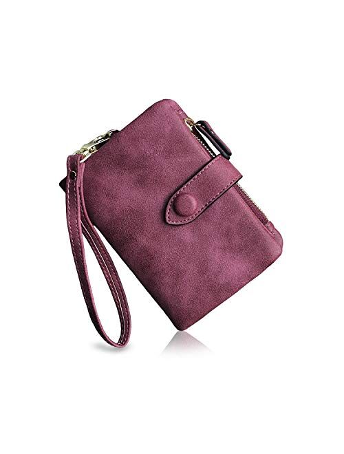 PofeeXIO Womens Small Bifold Leather Wallets Rfid Ladies Wristlet with Card slots id window Zipper Coin Purse